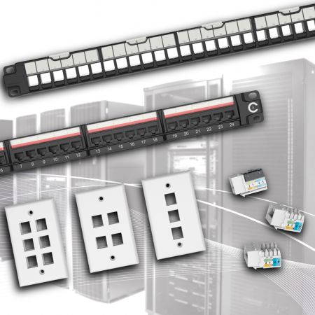 इंफ्रास्ट्रक्चर केबलिंग - कीस्टोन जैक और पैच पैनल को डेटा वाणिज्यिक इमारत में उपयोग किया जा सकता है।